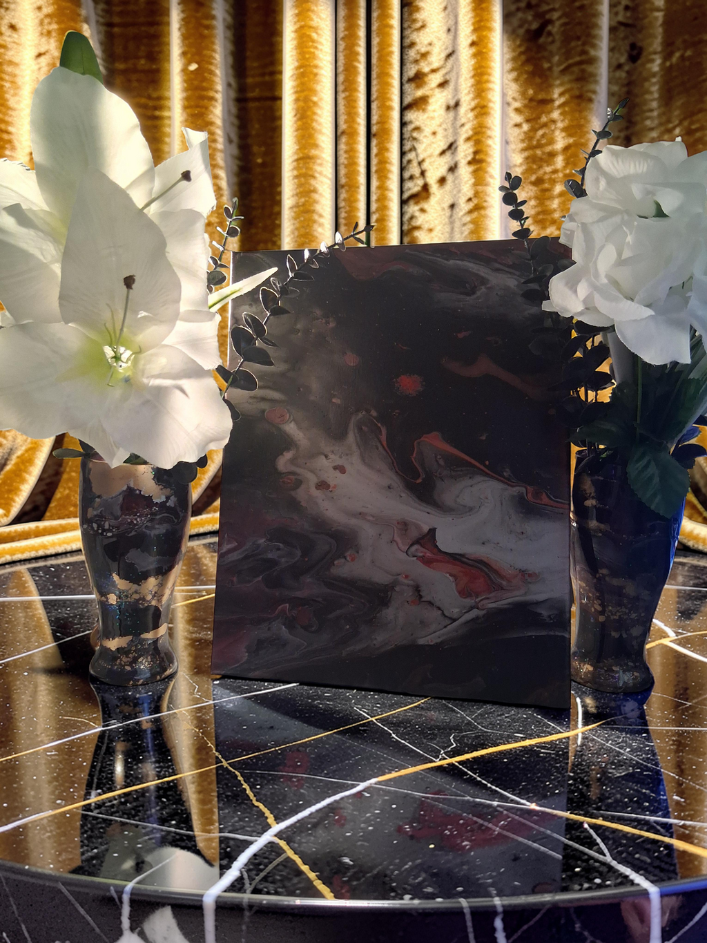 The Golden Treasure handcrafted black and gold fluid pour canvas with matching luxury vases by Kingdom Scented Co