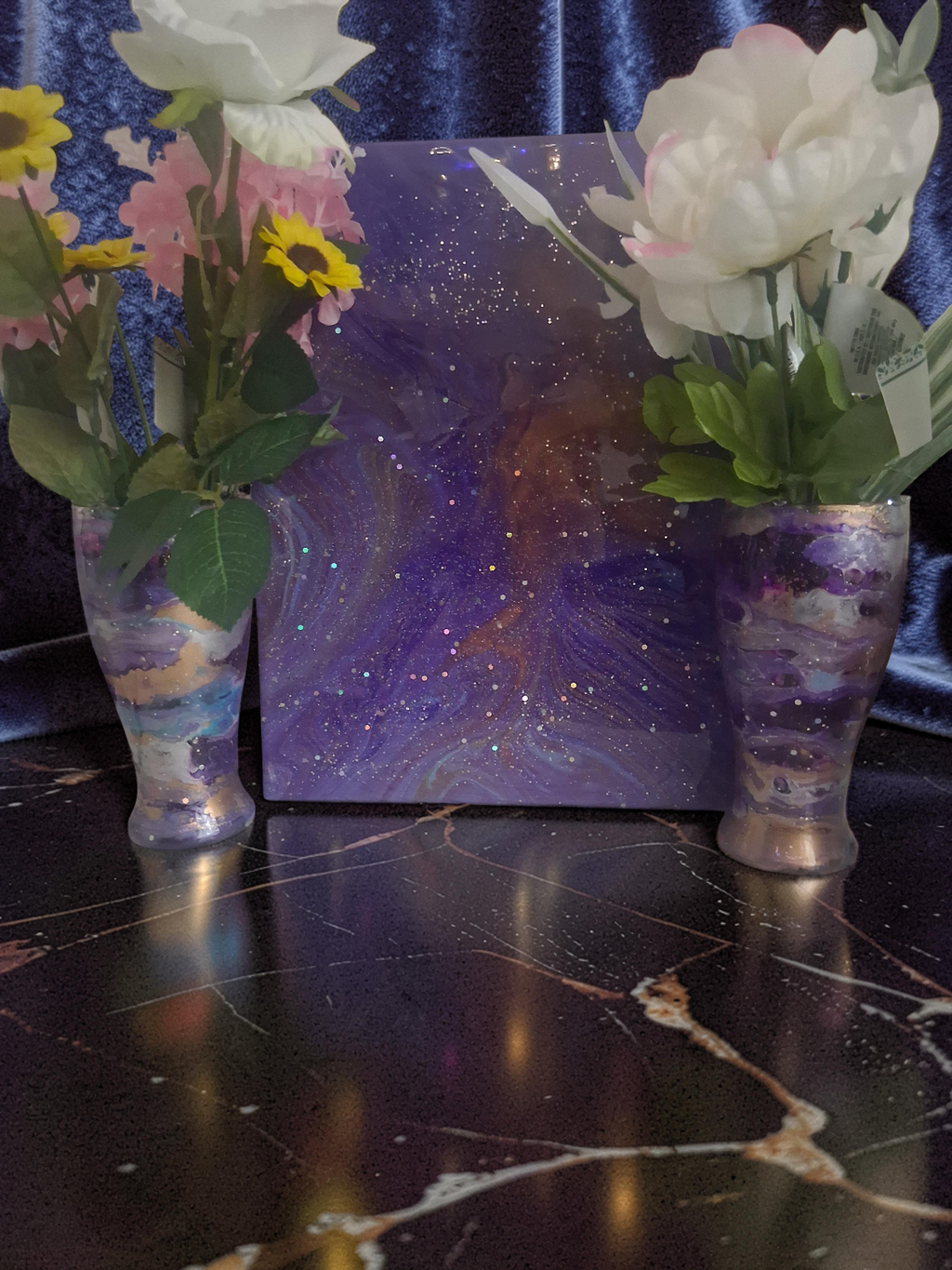 Royal Galaxy purple fluid pour canvas with celestial glitter and matching luxury vases by Kingdom Scented Co