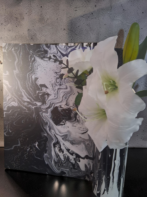 Midnight Onyx hand-poured fluid acrylic canvas with black and white marble swirls