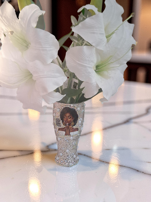 God is Good Rhinestone Statement Vase with white lilies