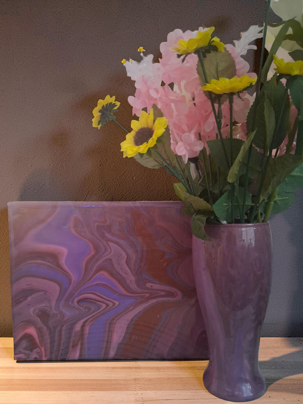Velvet Plum canvas and toned vase set with pink and yellow flowers