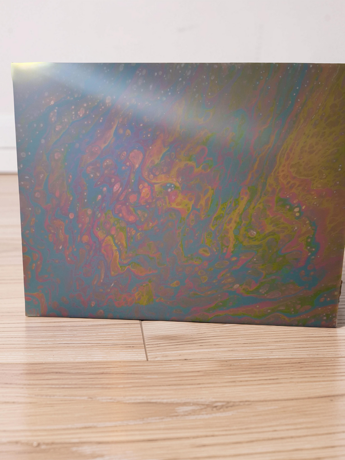 Pastel Sunrise hand poured fluid art canvas with matching swirl vase in blush pink yellow and mint by Kingdom Scented Co