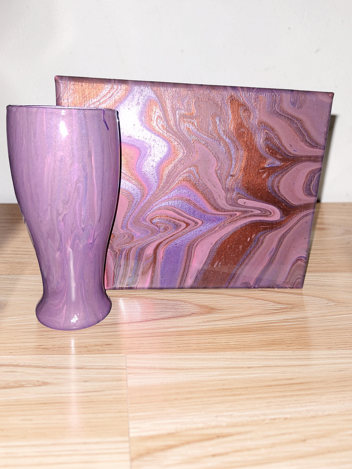 Velvet Plum hand poured fluid art canvas with matching purple and mauve accent vase luxury decor by Kingdom Scented Co