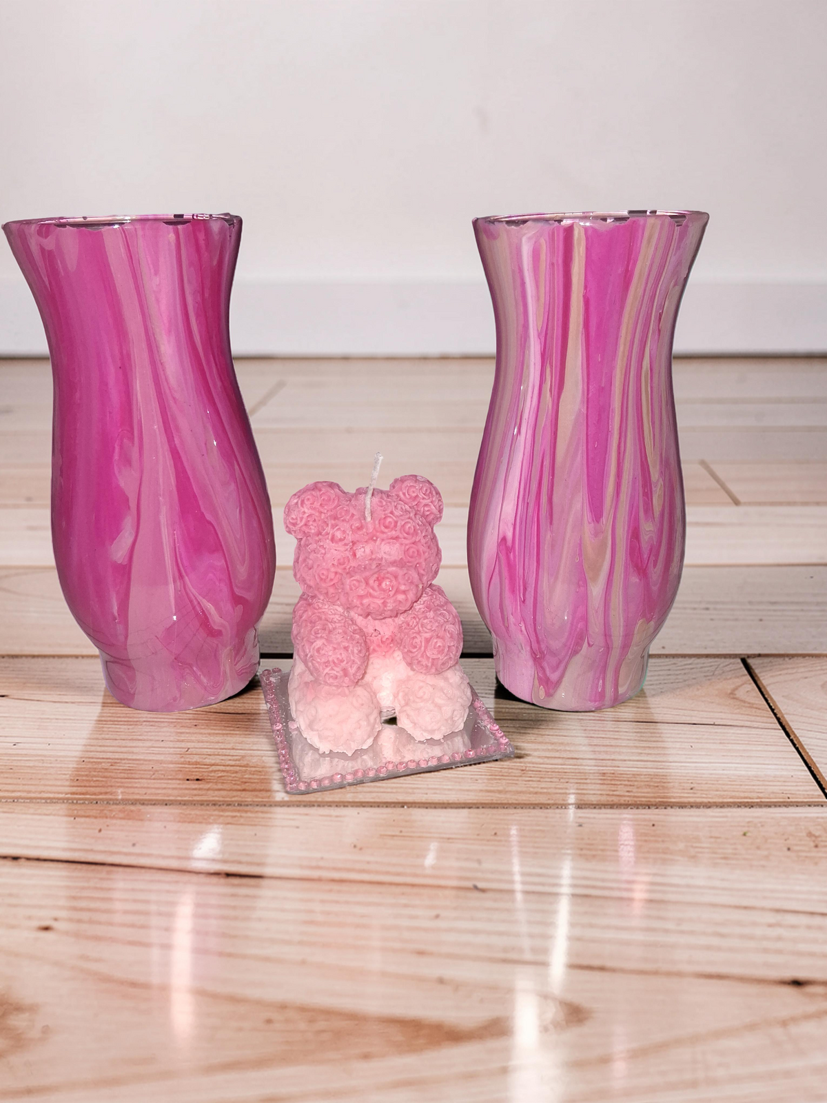Pretty in Pink rose bear candle with matching marbleized pink and white luxury vases gift set by Kingdom Scented Co