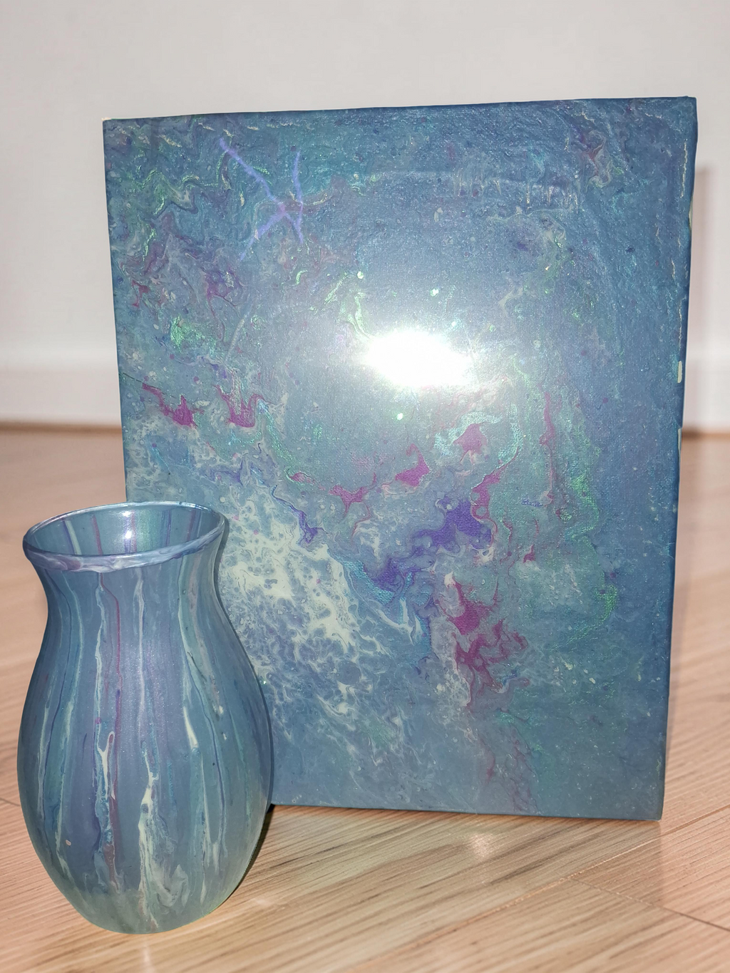 Ocean Breeze fluid art canvas in ocean blues purples and pink with matching artisan vase by Kingdom Scented Co