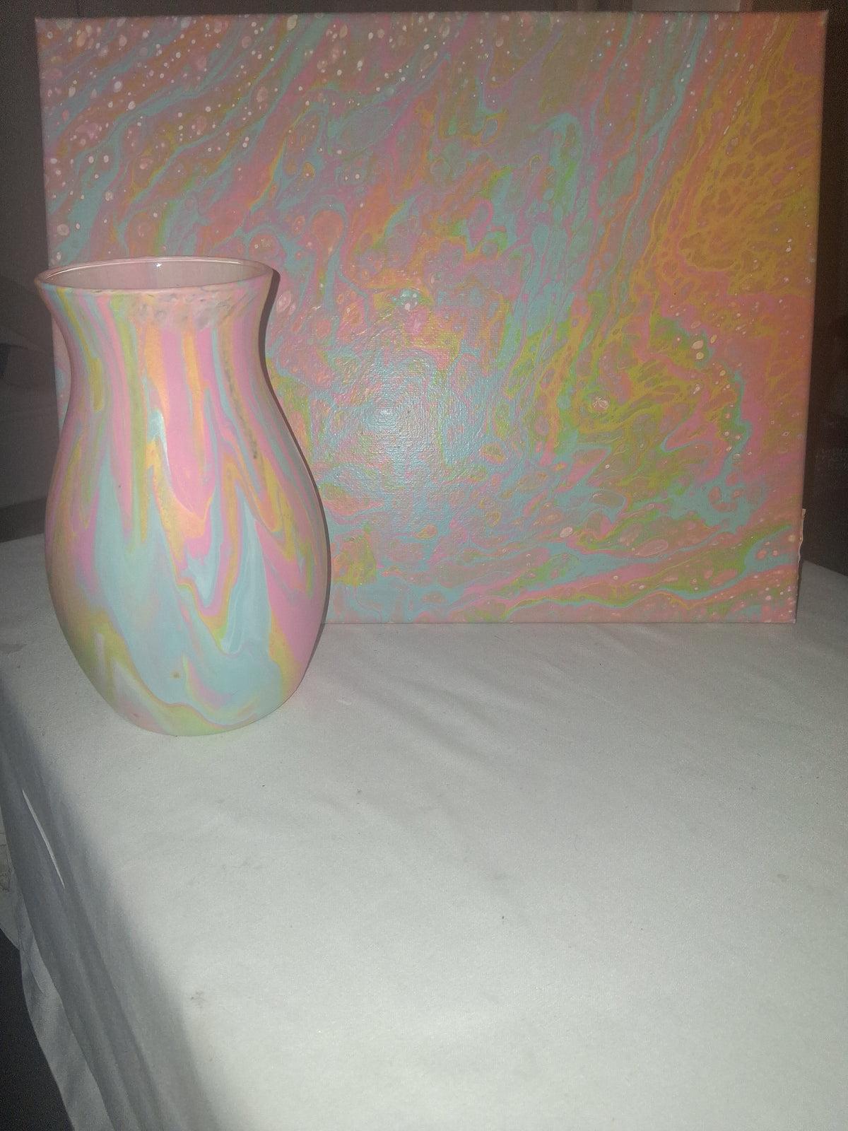 "Pastel Sunrise" Canvas & Swirl Vase Set