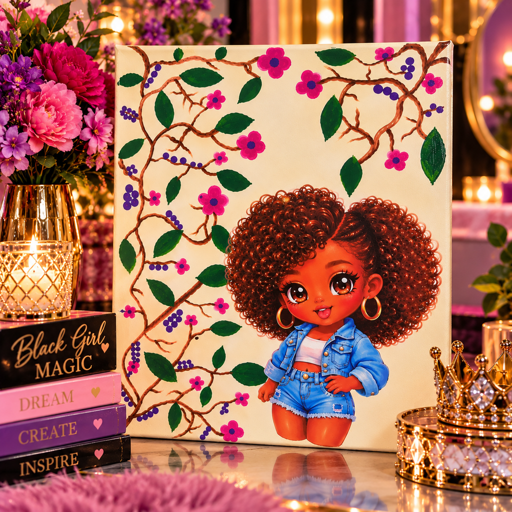 Little Miss Sunshine — Black Girl Floral Mixed-Media Canvas Art