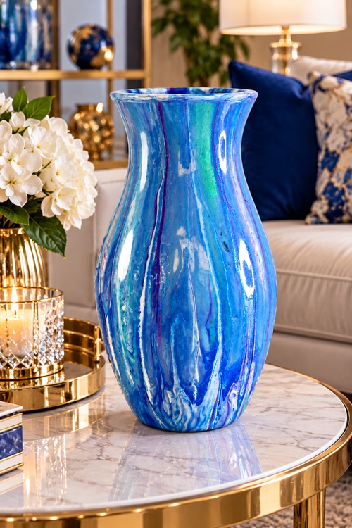 Blue Current — Hand-Decorated Marbled Flower Vase