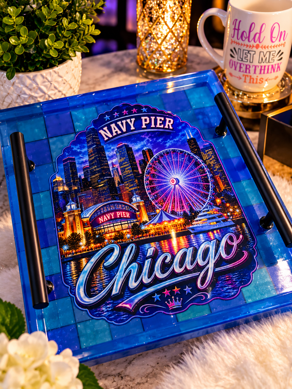 Chicago Nights — Resin Chess & Checkers Game Board Tray