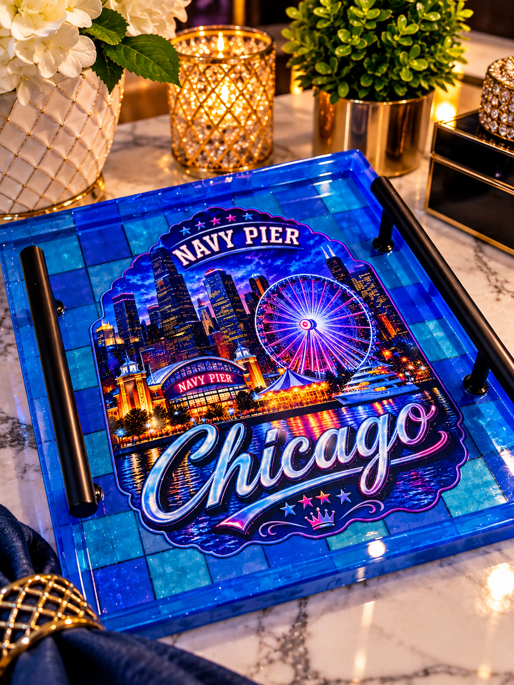 Chicago Nights — Resin Chess & Checkers Game Board Tray