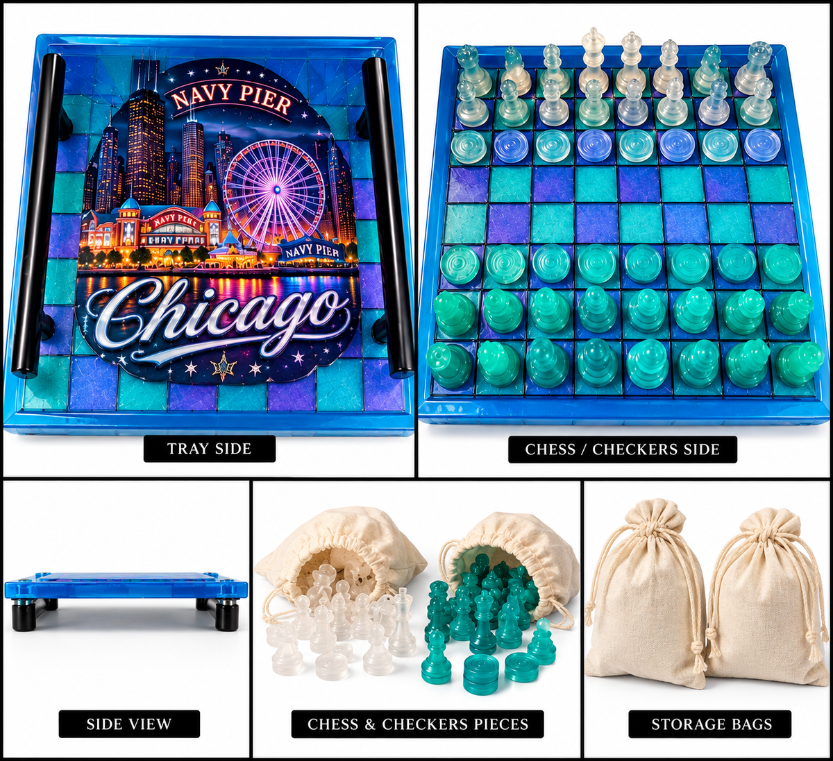 Custom Chicago Reversible Tray showing tray side, chess/checkers side, pieces and storage bags