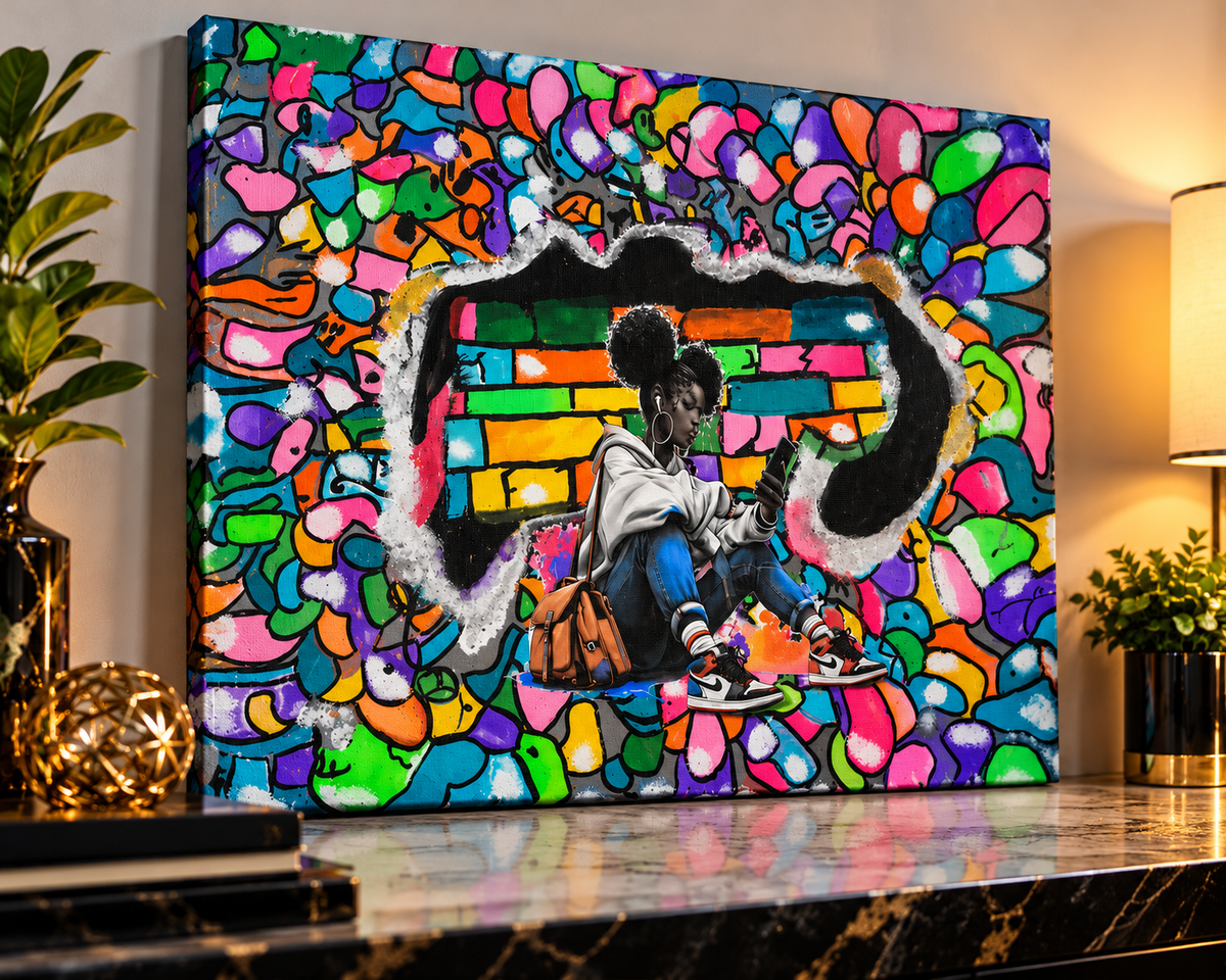Colorful horizontal graffiti canvas artwork displayed in a contemporary interior above a decorative console.