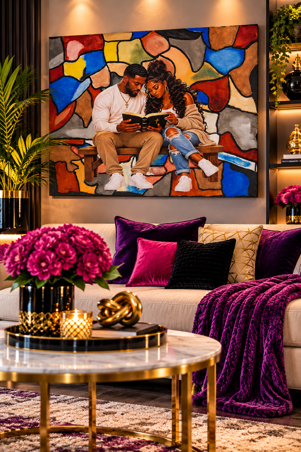 Faith Couple canvas above a cream sofa in a digitally staged living room, not to scale