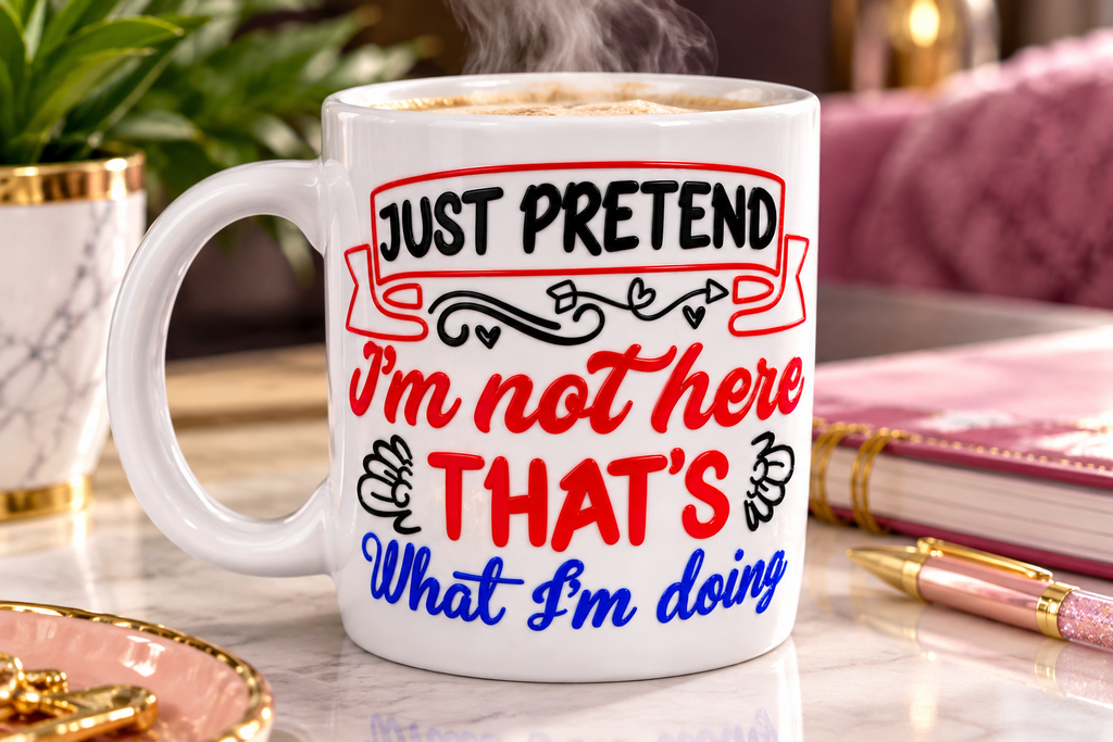 Just Pretend I'm Not Here mug with a beverage beside pink books and decorative accessories