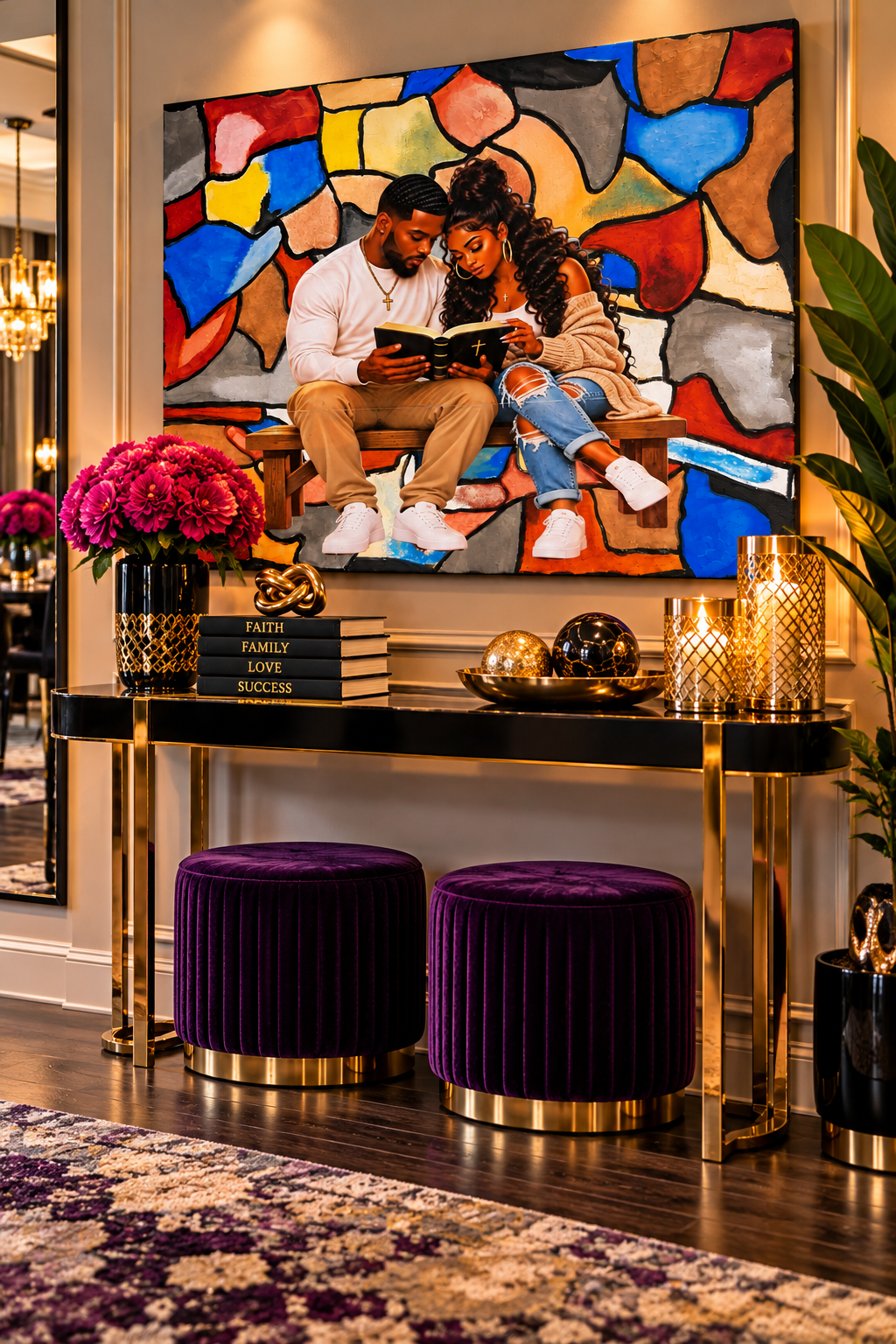 Faith Couple Bible-reading artwork above a console in a digitally staged entryway, not to scale