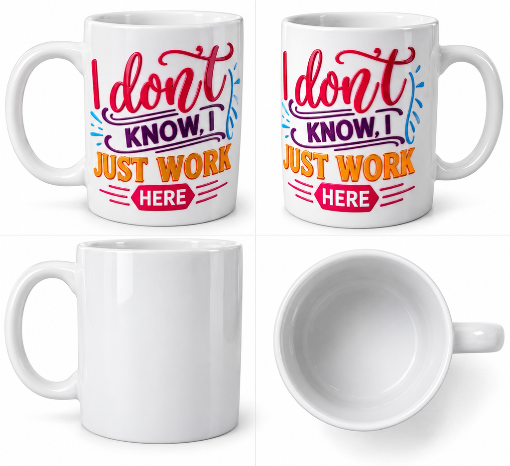 Four-view collage of the I Don't Know I Just Work Here mug showing lettering, handle, back and interior
