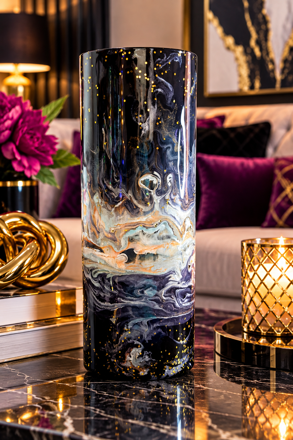 Midnight Marble vase displayed with flowers in a digitally staged interior; flowers are not included and image is not to scale.