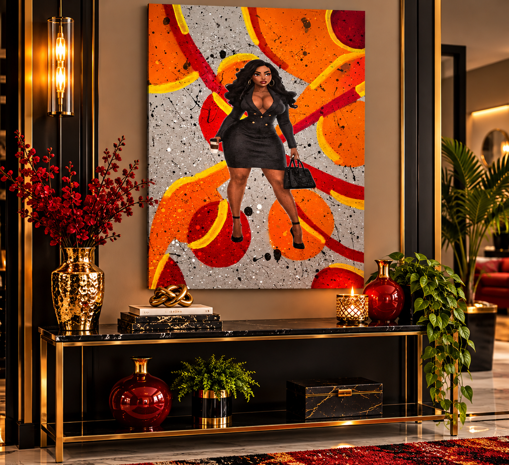 Boss Lady canvas featuring a woman with a handbag above a console in a digitally staged entryway; not to scale.