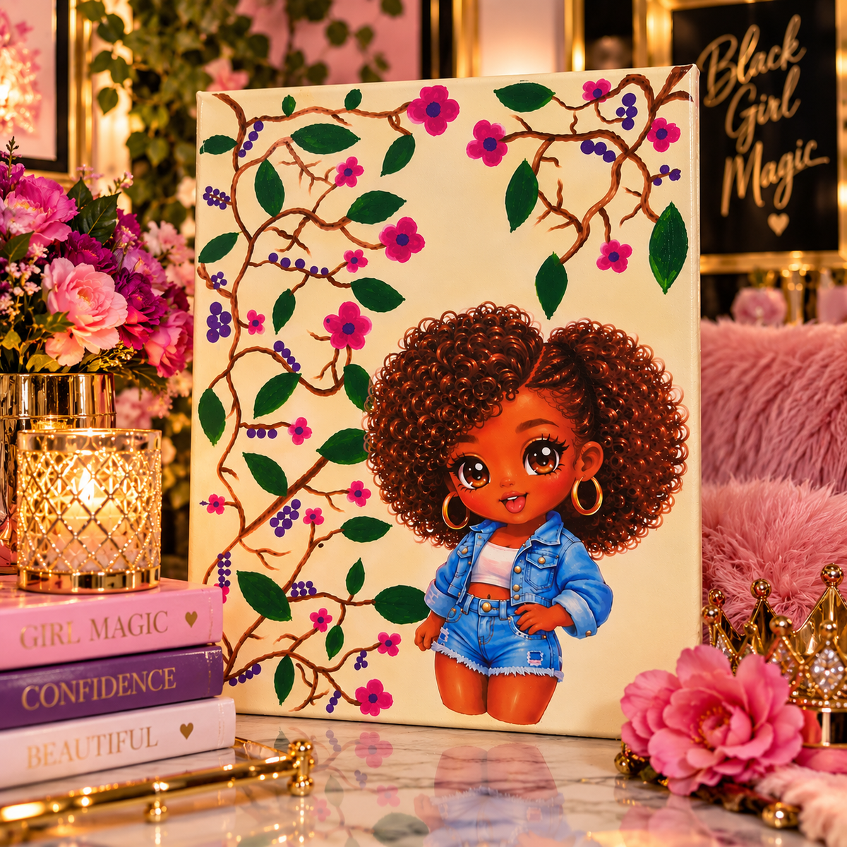 Little Miss Sunshine — Black Girl Floral Mixed-Media Canvas Art