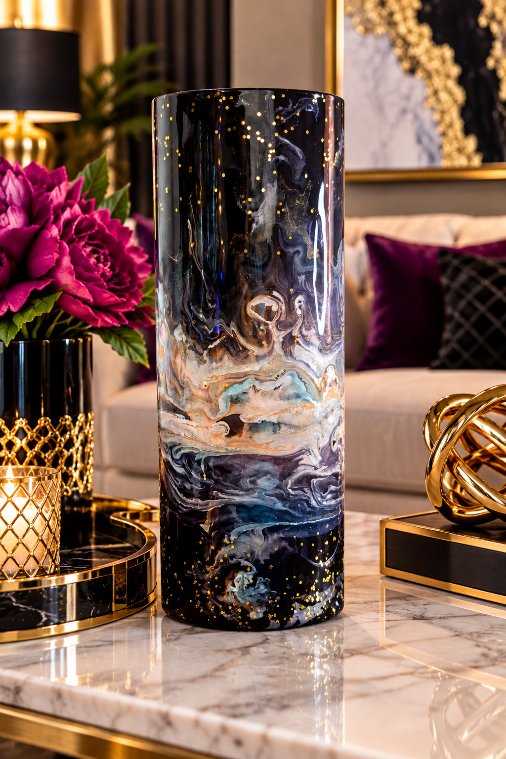 Midnight Marble cylindrical vase in a digitally staged tabletop vignette with decorative accessories; not to scale.