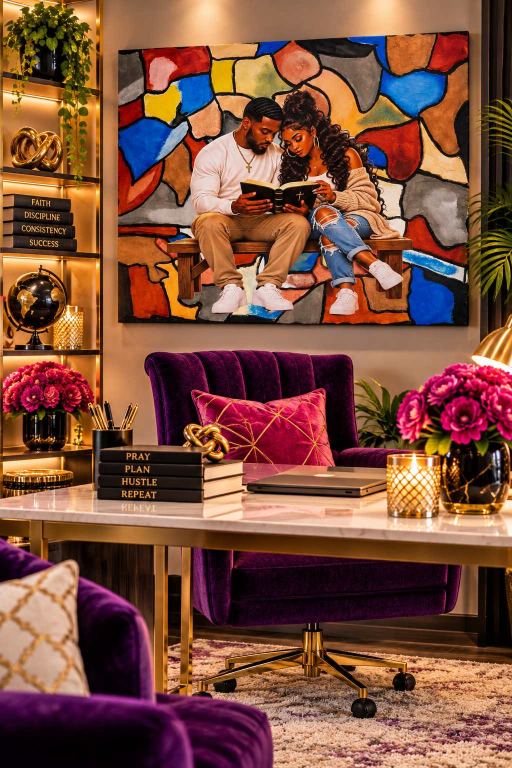 Faith Couple artwork above a purple chair and desk in a digitally staged reading space, not to scale