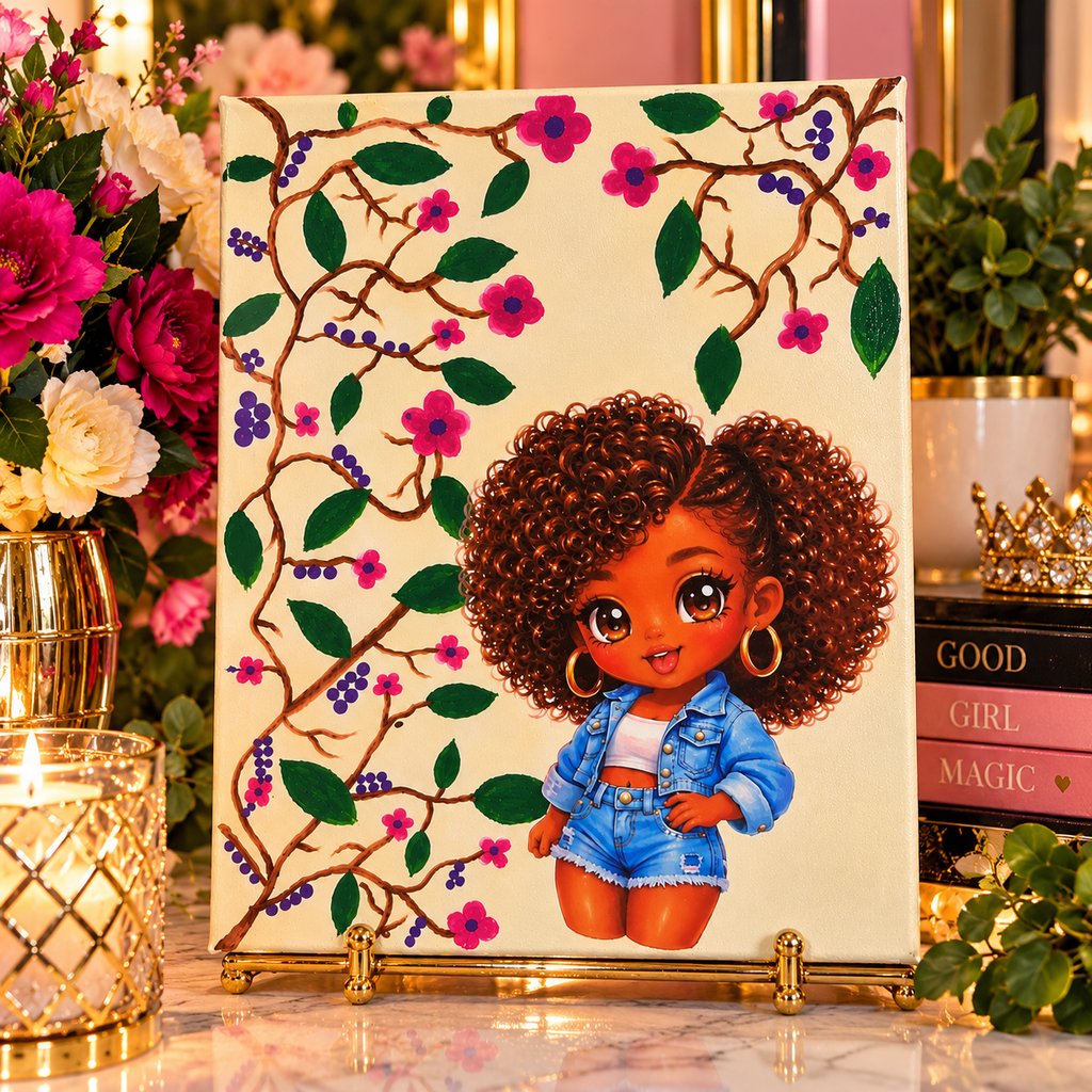 Little Miss Sunshine — Black Girl Floral Mixed-Media Canvas Art