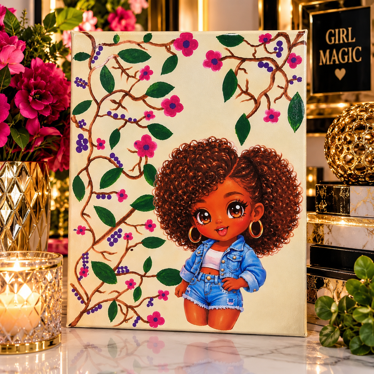 Little Miss Sunshine — Black Girl Floral Mixed-Media Canvas Art