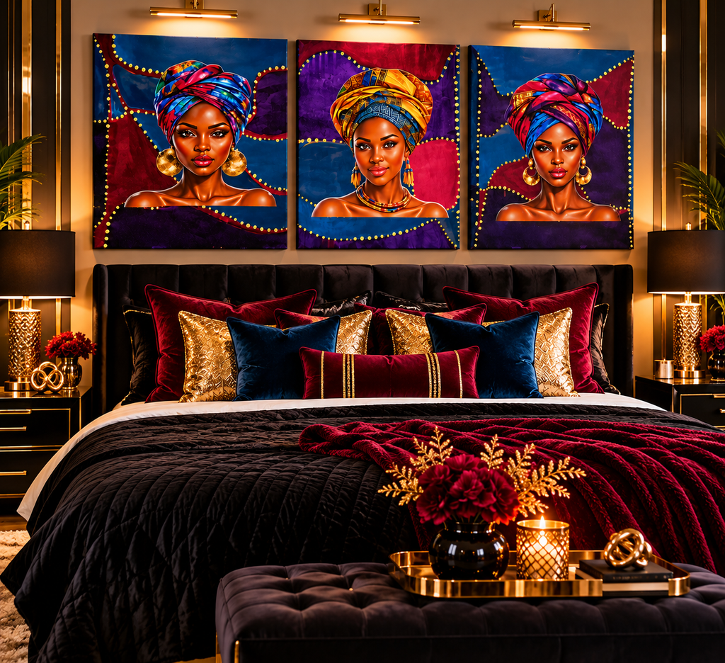 Digitally staged bedroom featuring the Afro Women three-piece canvas art set above a bed; artwork shown is not to scale.
