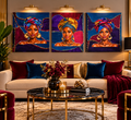 Digitally staged lounge showing three Afro women portraits with colorful headwraps on blue, purple, and burgundy canvases; not to scale.