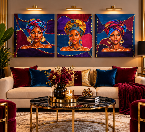 Digitally staged lounge showing three Afro women portraits with colorful headwraps on blue, purple, and burgundy canvases; not to scale.