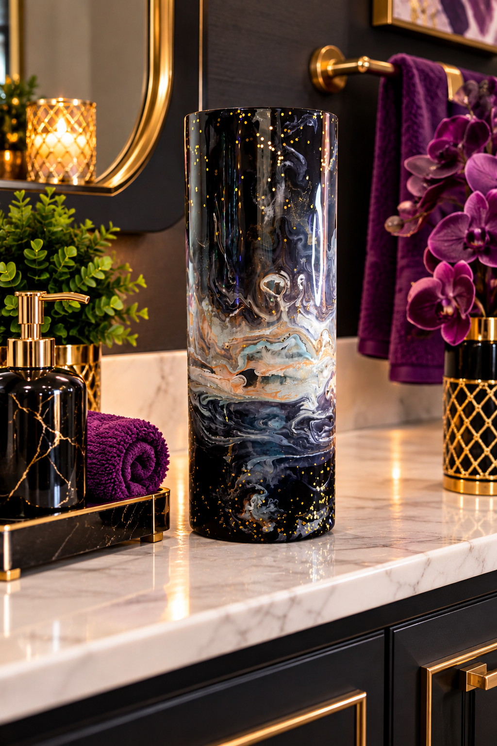 Midnight Marble decorative vase on a bathroom counter beside purple towels in a digitally staged vanity setting; not to scale.