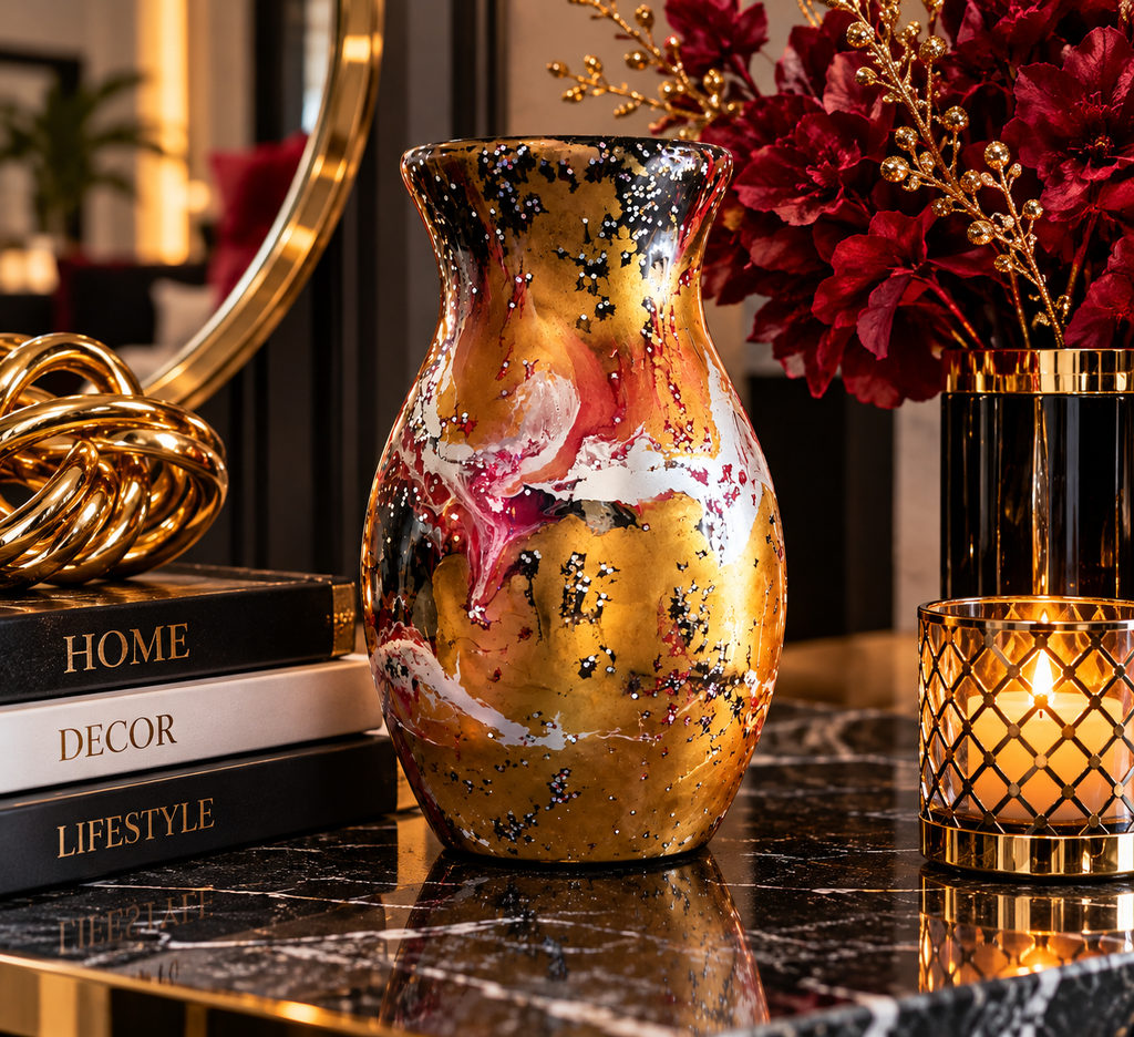 Golden Ember gold-toned marbled vase with a curved body and flared opening in a digitally staged vignette; not to scale.