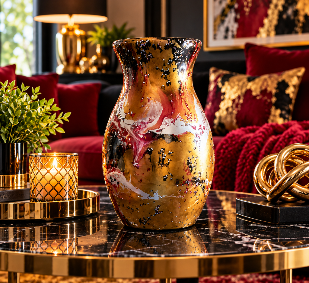 Golden Ember marbled decorative vase beside books and gold accessories in a digitally staged setting; not to scale.