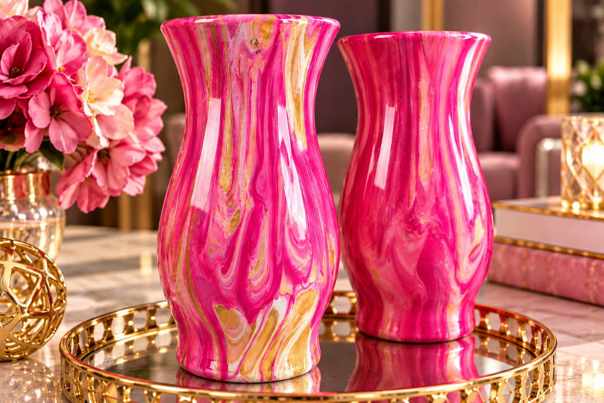 Pretty in Pink — 2-Piece Marbled Flower Vase Set