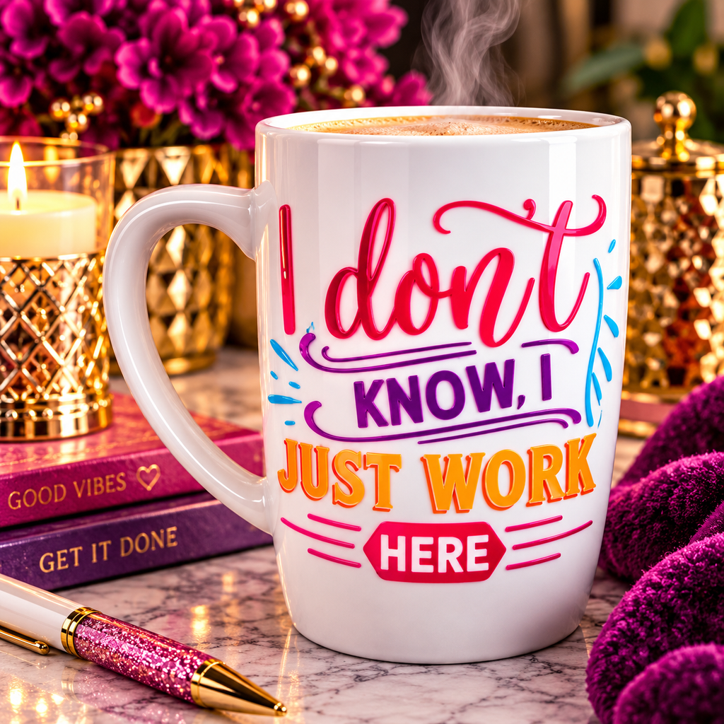 I Don't Know I Just Work Here mug with a beverage beside pink flowers and gold-colored decorative props