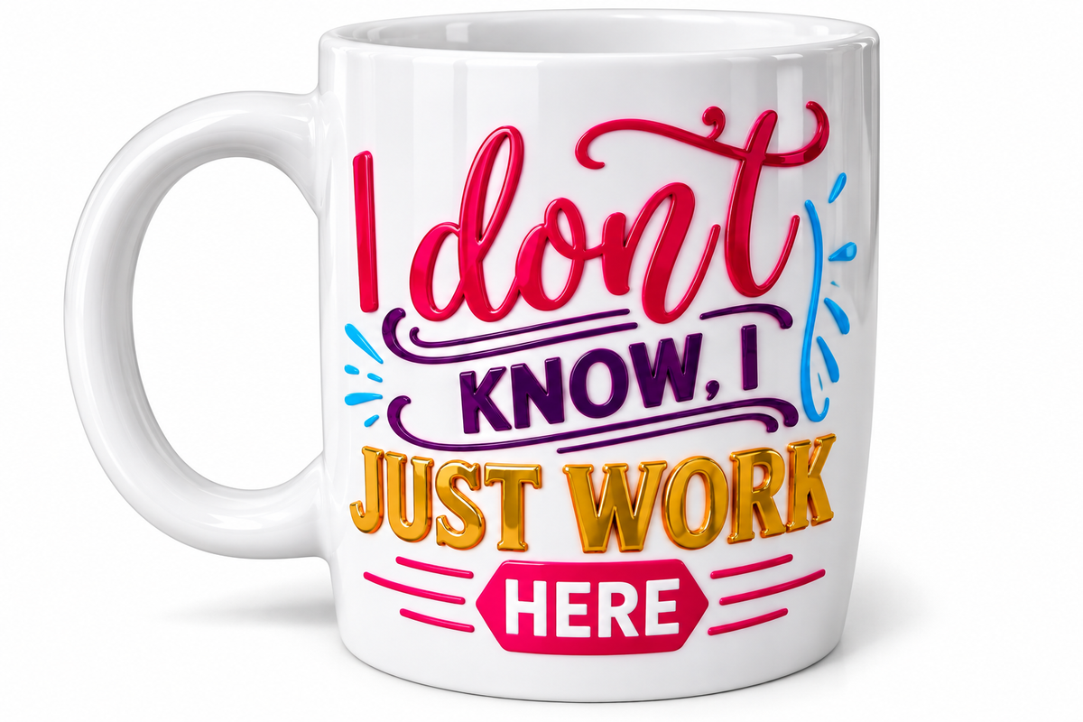 White I Don't Know I Just Work Here mug with pink, purple, gold-colored and blue lettering and details