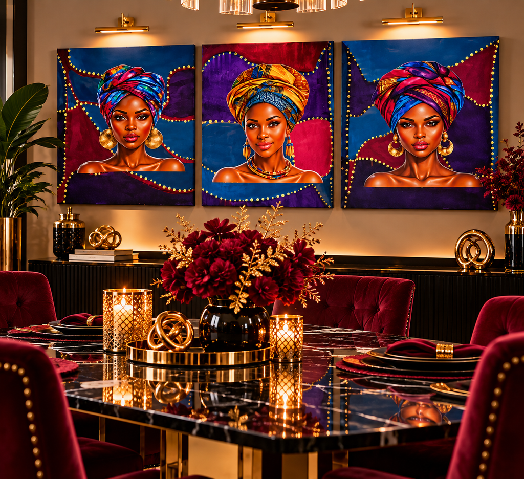 Digitally staged dining room featuring three coordinated Afro women canvas portraits with gold accents; not to scale.