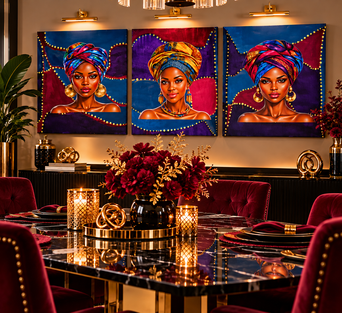Digitally staged dining room featuring three coordinated Afro women canvas portraits with gold accents; not to scale.