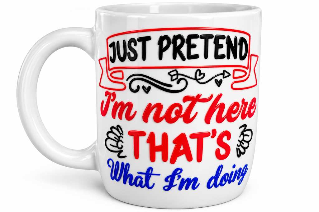 Front view of Just Pretend I'm Not Here mug with decorative hearts, swirls and banner lettering