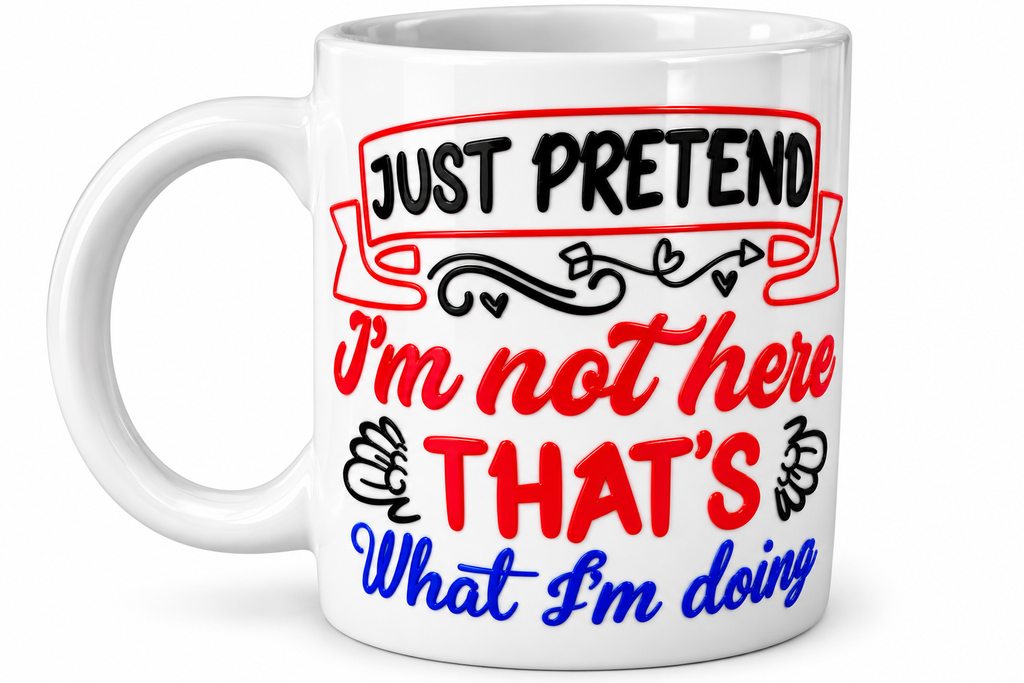 Just Pretend I'm Not Here white mug mockup showing the colorful statement design