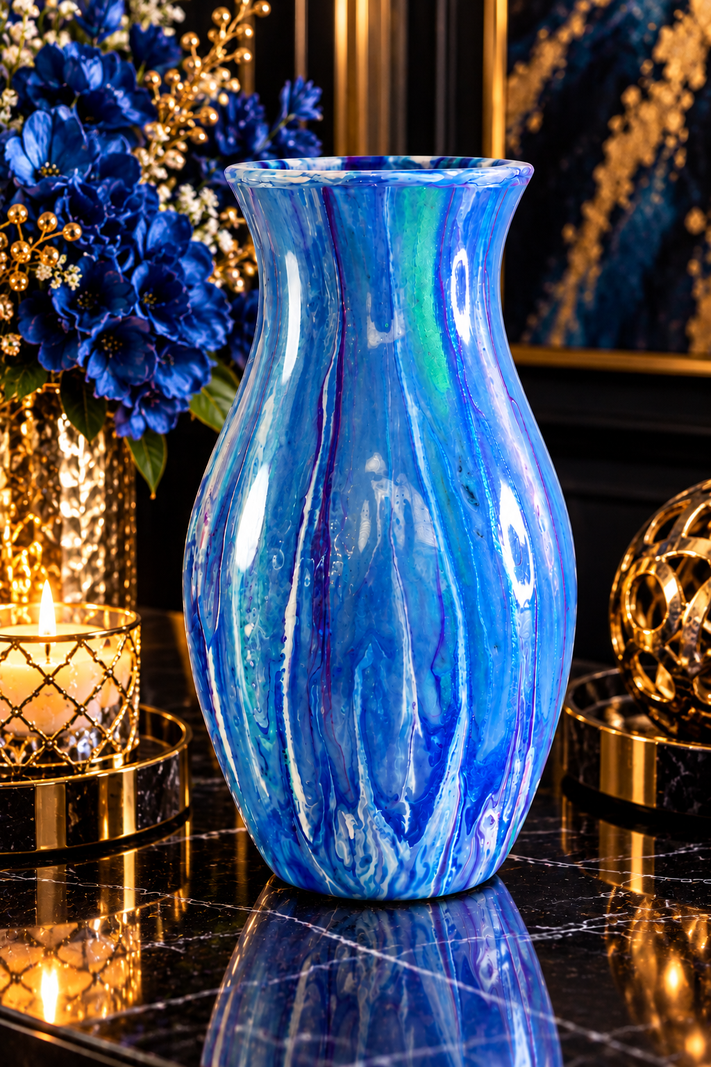 Blue Current — Hand-Decorated Marbled Flower Vase