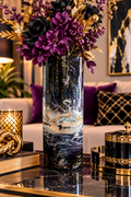 Midnight Marble black and silver cylindrical vase with swirling gray and white patterns in a digitally staged living room; not to scale.