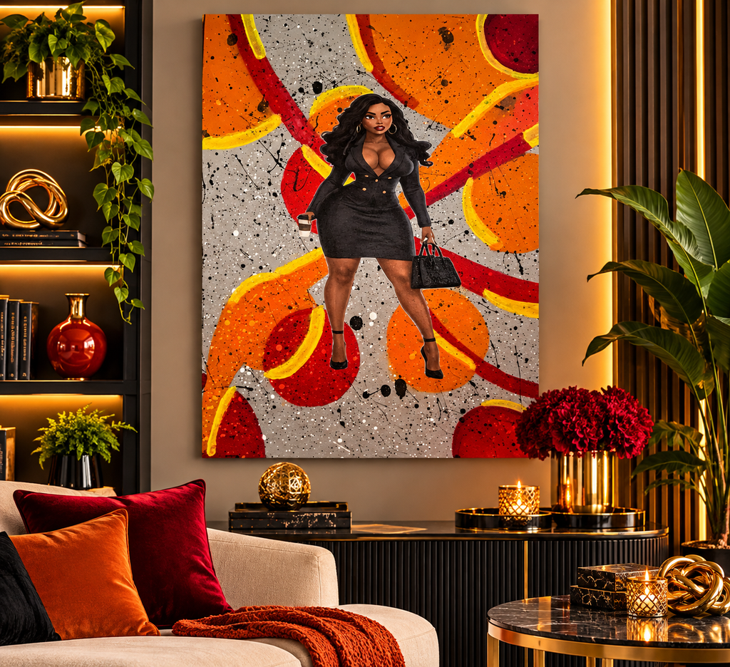 Boss Lady colorful abstract portrait canvas in a digitally staged gallery-style living room; artwork shown is not to scale.
