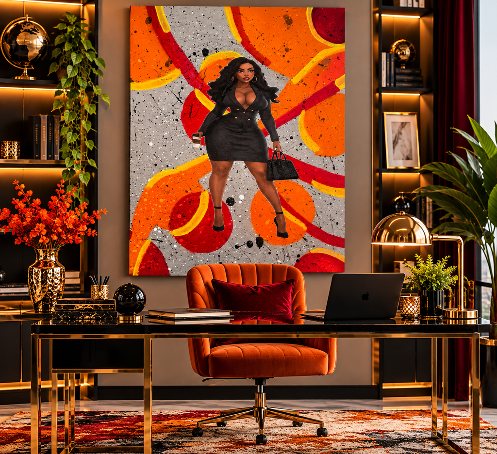 Boss Lady portrait of a woman in a black dress against an orange, burgundy and yellow abstract background in a digitally staged office; not to scale.