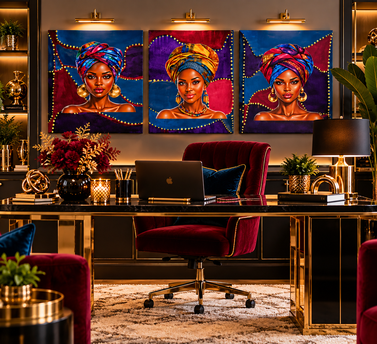 Digitally staged office featuring the Afro Women three-piece canvas wall art set above a desk; artwork shown is not to scale.