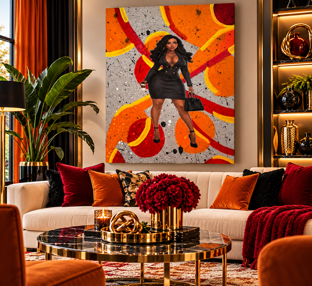 Boss Lady mixed-media canvas above a cream sofa in a digitally staged living room; artwork shown is not to scale.
