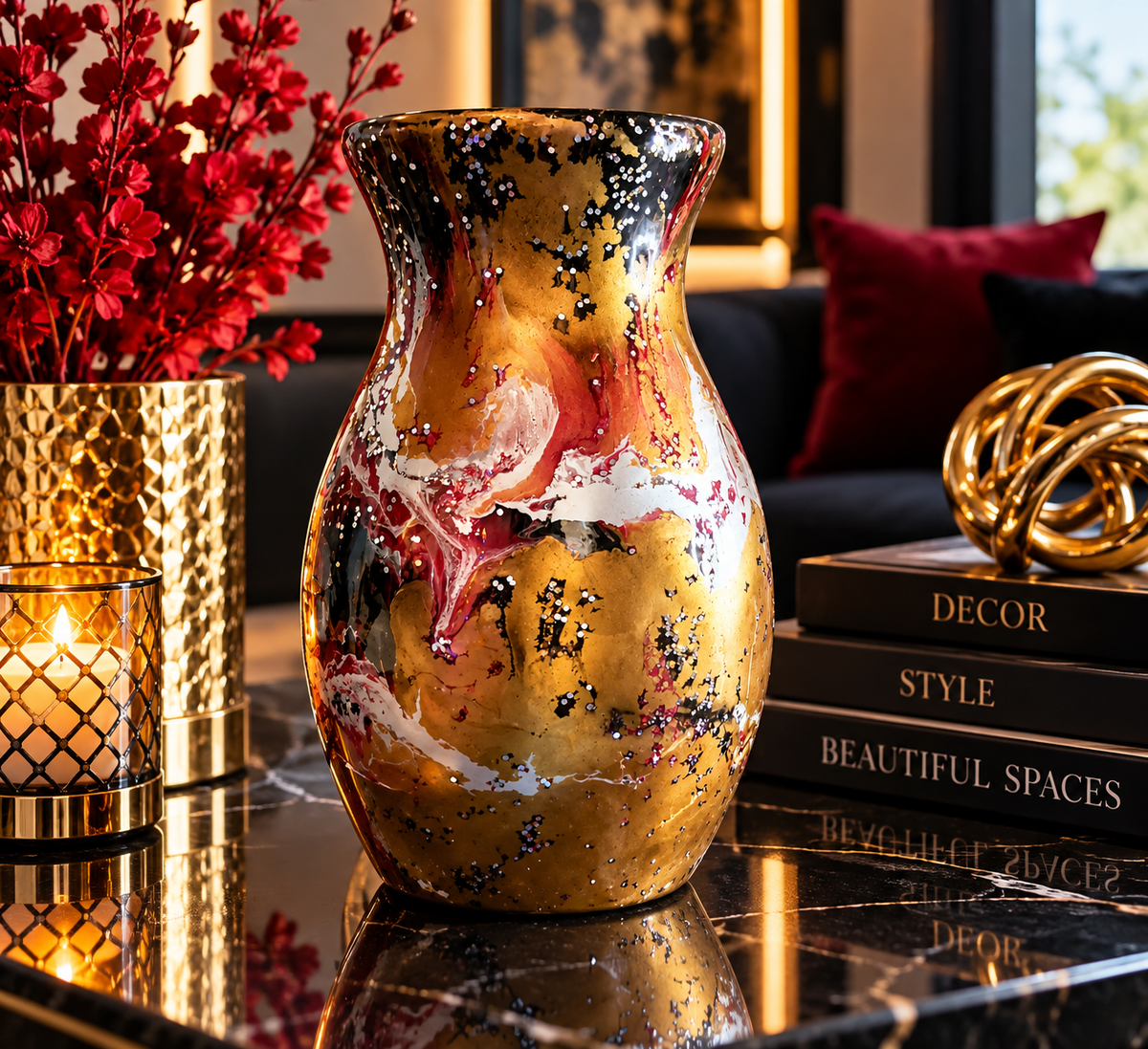 Golden Ember burgundy, black, white and gold decorative vase beside flowers in a digitally staged setting; not to scale.