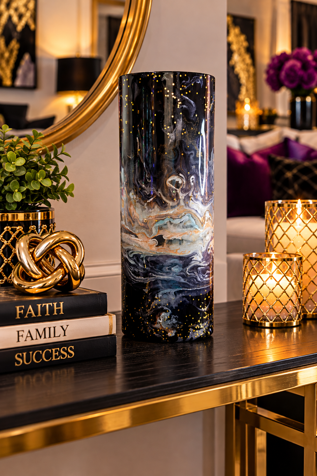 Midnight Marble black, silver and gray vase with gold-toned speckles in a digitally staged luxury interior; not to scale.
