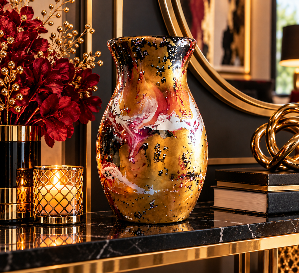 Golden Ember gold, burgundy, black and white marbled vase in a digitally staged living room tabletop setting; not to scale.