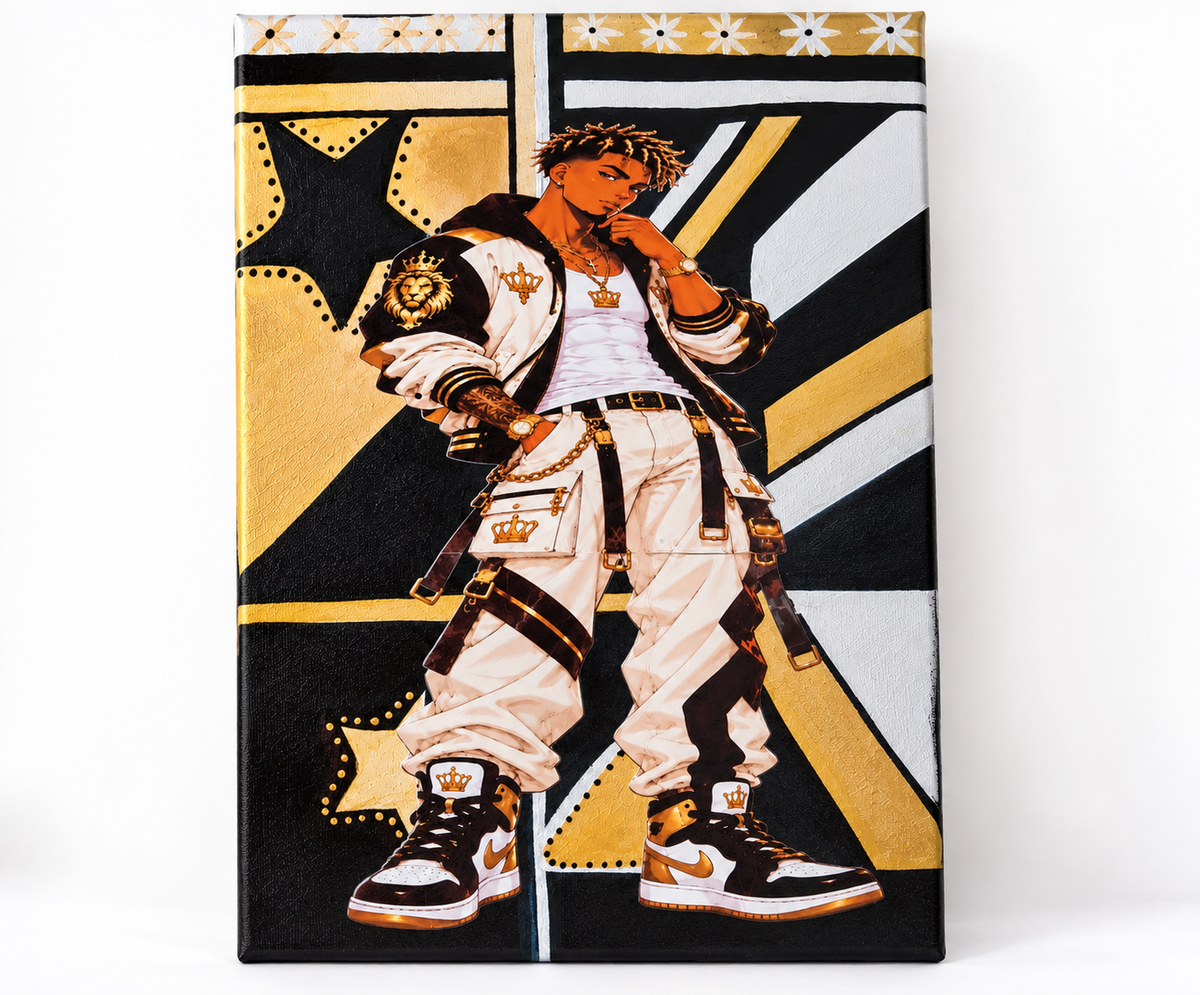 Crowned in Confidence black, white and gold anime-inspired canvas artwork